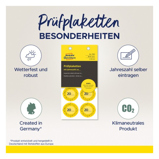 Bildet viser et produkt kalt 'Prüfplaketten' fra Avery Zweckform, som inkluderer vanntette inspeksjonsetiketter med et felt for å fylle inn året, designet i Tyskland. Produktet fremhever sin robusthet, klimaneutralitet og allsidighet.