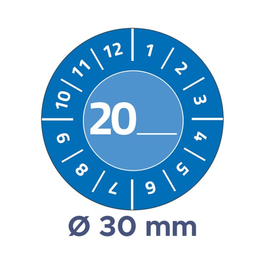 Bildet viser en sirkulær måler eller skive med tall fra 1 til 12 og 1 til 12 rundt kanten. Tallet '20' er fremtredende i midten, og det er en etikett som angir 'Ø 30 mm' under sirkelen.