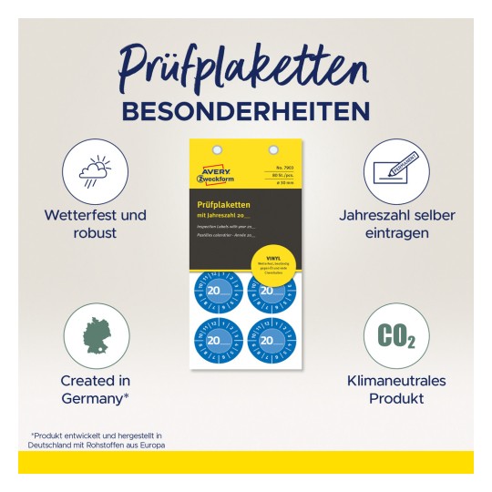 Bildet viser en produktannonse for inspeksjonsmerker fra Avery Zweckform. Det fremhever funksjoner som værbestandighet, muligheten til manuelt å angi året, og at produktet er laget i Tyskland og er klimanøytralt.