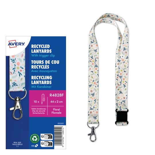 Et bilde som viser resirkulerte nøkkelbånd med en krok, med blomstermønster. Emballasjen inkluderer detaljer om produktet, inkludert størrelse og spesifikasjoner.