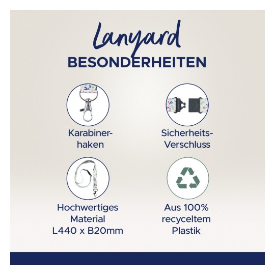 Bildet har en grafikk som forklarer egenskapene til en snor, inkludert en karabinerkrok, sikkerhetslås, høykvalitetsmateriale, og laget av 100 % resirkulert plast.