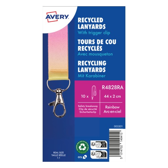 Et bilde av resirkulerte nøkkelbånd fra Avery, med en karabinkrok, regnbuefarger, pakke med 10, sikkerhetslås og resirkulert materialer-logo.