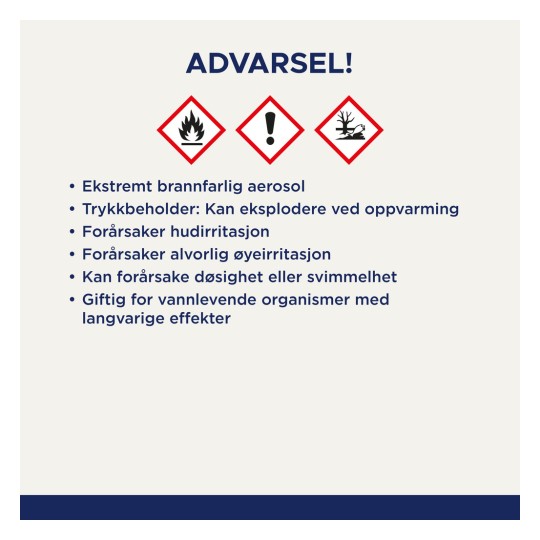 Bildet inneholder et advarselsskilt som indikerer at et stoff er en ekstremt brannfarlig aerosol og utgjør ulike farer, som risiko for eksplosjon, hudirritasjon og alvorlig øyeirritasjon. Det nevnes også potensialet for døsighet, svimmelhet og toksisitet for vannlevende organismer.