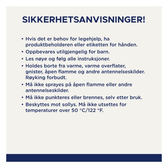 Bildet inneholder sikkerhetsinstruksjoner på norsk, som vektlegger viktigheten av å holde produktet borte fra barn og varmekilder, å følge instruksjonene, og å unngå åpne flammer.