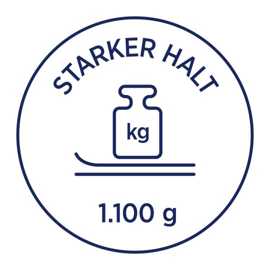 Bildet har et sirkulært design med teksten 'STARKER HALT' og en illustrasjon av en vekt med 'kg' skrevet på den, sammen med tallet '1.100 g' nederst.