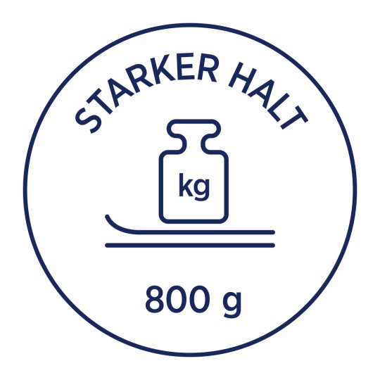 Bildet viser en etikett eller et ikon med teksten "STARKER HALT" øverst, som viser et vektsymbol (en vektflaske) med "kg" skrevet på den. Under står vekten "800 g".