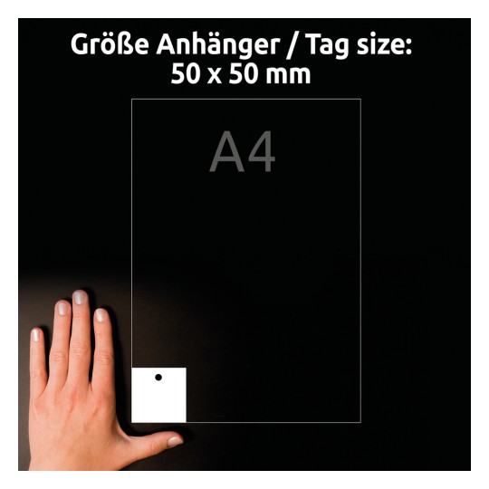 Størrelsessammenligning med hånd, Artikkel: T2003-10, ett ark med anheng, Format: 50 x 50 mm, Farge: Ultrahvitt?