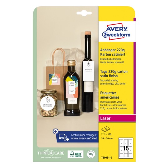 Pakningsbilde: Avery Zweckform, Artikkel: T2003-10, Format: 50 x 50 mm, Utskriftsmulighet: Laser s/hv, fargelaser, Innhold: 150 etiketter / 10 ark, 15 etiketter/ark.