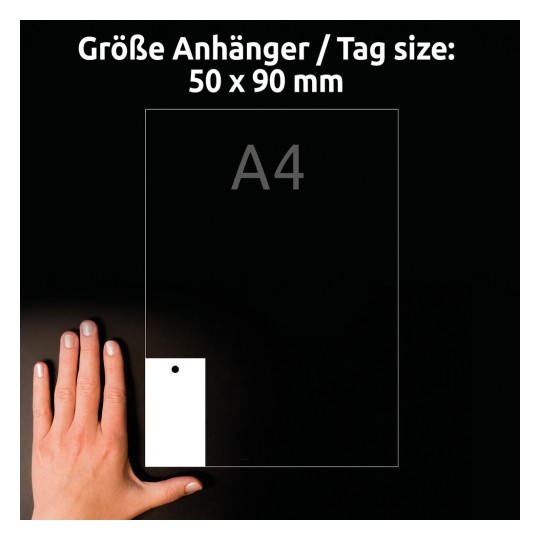 Størrelsesammenligning med hånd, Artikkel: T3001-10, ett ark med anheng, format: 90 x 50 mm, farge: hvit.
