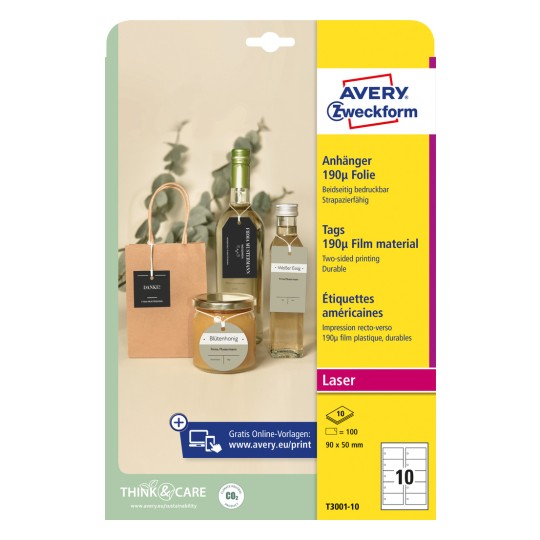 Pakningsbilde: Avery Zweckform, Artikkel: T3001-10, Format: 90 x 50 mm, Utskriftsegnet: Laser s/hv, fargelaser, Innhold: 100 etiketter / 10 ark, 10 etiketter/ark.