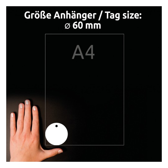 Størrelsessammenligning med hånd, artikkel: T3004-10, ett ark anheng, format: ⌀ 60 mm, farge: hvit?