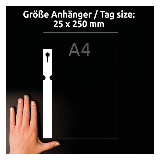 Størrelsessammenligning med hånd, artikkel: T3008-10, ett ark med løkkeanheng, format: 250 x 25 mm, farge: hvit.
