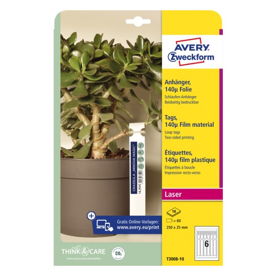 Pakningsbilde: Avery Zweckform, Artikkel: T3008-10, Format: 250 x 25 mm, Skriverkompatibilitet: Laser s/hv, fargelaser, Innhold: 60 etiketter / 10 ark, 6 etiketter/ark.