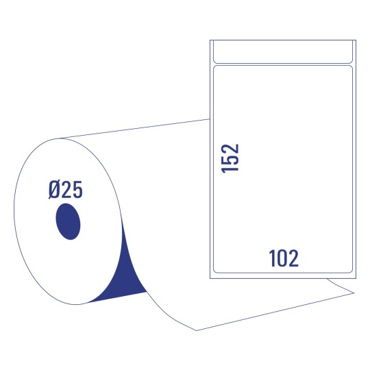 Stanse tegning rull og etikett, Artikkel: TD8050-25, Termodirekte fraktetiketter, Format: 102 x 152 mm, 475 etiketter/rull