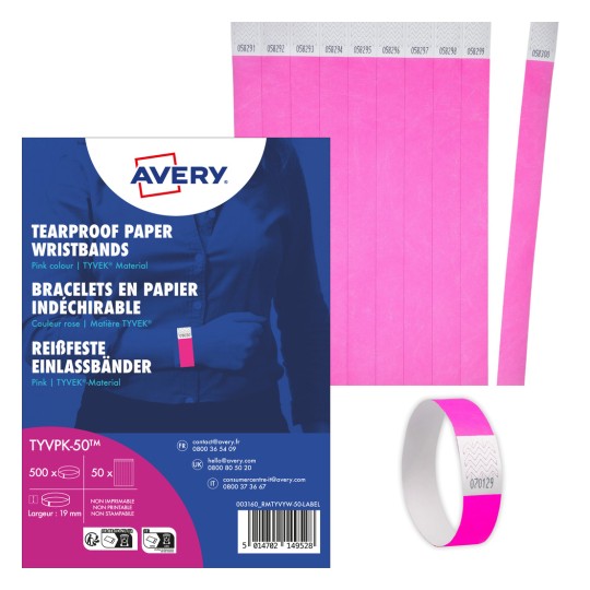 Et bilde som viser en pakke med rosa rivebestandige papirarmbånd fra Avery, med både emballasje og noen armbånd.