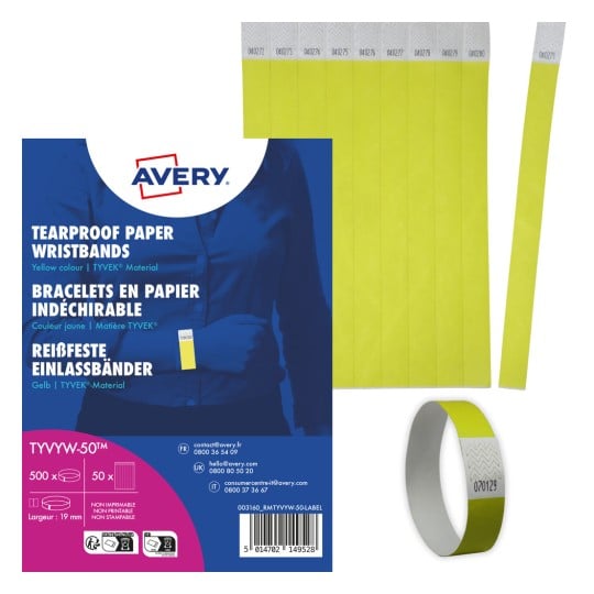 Bildet viser en pakke med riftebestandige papirarmbånd i gul farge, laget av TYVEK-materiale, med ulike serienumre. Inkludert er et armbånd for demonstrasjon.