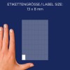 Størrelsessammenligning med hånd, artikkel: 3041, ett ark flerbruksetiketter, format: 13 x 8 mm, farge: hvit.