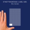 Størrelsessammenligning med hånd, artikkel: 3042, ett ark flerbruksetiketter, format: 18 x 12 mm, farge: hvit.