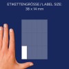 Størrelsessammenligning med hånd, Artikkel: 3076, et ark flerbruksetiketter, Format: 38 x 14 mm, Farge: Hvit.