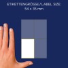 Størrelsessammenligning med hånd, artikkel: 3087, ett ark flerbruksetiketter, format: 54 x 35 mm, farge: hvit.