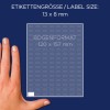 Størrelsesammenligning med hånd, artikkel: 3306, ett ark med flerbruksetiketter, format: 13 x 8 mm, farge: hvit.