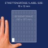 Størrelsessammenligning med hånd, Artikkel: 3312, ett ark med allsidige etiketter, format: 18 x 12 mm, farge: hvit.