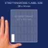 Størrelsessammenligning med hånd, Artikkel: 3323, ett ark med universaletiketter, format: 38 x 14 mm, farge: hvit.