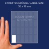 Størrelsessammenligning med hånd, Artikkel: 3324, ett ark flerbruksetiketter, Format: 38 x 18 mm, Farge: Hvit.