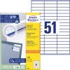 Forpakningsbilde med etikettark: Avery Zweckform universaletiketter, artikkel: 3420, format: 70 x 16,9 mm, utskriftsegnet: Inkjet, svart/hvitt laser, fargelaser, innhold: 5.100 etiketter / 100 ark, 51 etiketter/ark.