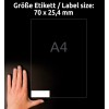 Størrelsessammenligning med hånd, artikkel: 3421, ett ark universaletiketter, format: 70 x 25,4 mm, farge: hvit?