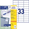 Pakningsbilde med etikettark: Avery Zweckform Universaletiketter, Artikkel: 3421, Format: 70 x 25,4 mm, Trykkegnethet: Inkjet, Laser s/hv, Fargelaser, Innhold: 3.300 etiketter / 100 ark, 33 etiketter/ark.