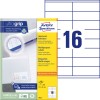 Pakningsbilde med etikettark: Avery Zweckform universale etiketter, artikkel: 3423, format: 105 x 35 mm, skriverkompatibilitet: Inkjet, Laser s/h, Fargelaser, Innhold: 1.600 etiketter / 100 ark, 16 etiketter/ark.