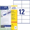 Pakningsbilde med etikettark: Avery Zweckform Universal-etiketter, Artikkel: 3424, Format: 105 x 48 mm, Skriverkompatibilitet: Inkjet, Svart/hvitt-laserskriver, Fargelaser, Innhold: 1.200 etiketter / 100 ark, 12 etiketter/ark.