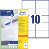 Pakningsbilde med etikettark: Avery Zweckform Universal-Etiketter, Artikkel: 3425, Format: 105 x 57 mm, Skriversulthet: Blekk, Laser s/hv, Fargelaser, Innhold: 1000 etiketter / 100 ark, 10 etiketter/ark.