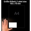 Størrelsessammenligning med hånd, Artikkel: 3426, ett ark med universelle etiketter, Format: 105 x 70 mm, Farge: Hvit?