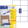 Forpakning med etikettark: Avery Zweckform universal-etiketter, artikkel: 3427, format: 105 x 74 mm, utskriftsformål: Inkjet, laser s/h, fargelaser, innhold: 800 etiketter / 100 ark, 8 etiketter/ark.