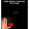 Størrelsessammenligning med hånd, artikkel: 3448, ett ark fargede etiketter, format: 70 x 37 mm, farge: rød.