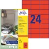 Pakningsbilde med etikettark: Avery Zweckform Fargede etiketter, Artikkel: 3448, Format: 70 x 37 mm, skriverkompatibilitet: Inkjet, laser s/h, fargelaser, innhold: 2.400 etiketter / 100 ark, 24 etiketter/ark.