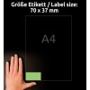 Størrelsessammenligning med hånd, Artikkel: 3450, ett ark med fargede etiketter, Format: 70 x 37 mm, Farge: Grønn.