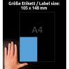 Størrelsessammenligning med hånd, artikkel: 3457, et ark fargede etiketter, format: 105 x 148 mm, farge: blå.