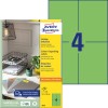 Pakkeillustrasjon med etikettark: Avery Zweckform Fargede etiketter, Artikkel: 3458, Format: 105 x 148 mm, Utskriftskompatibilitet: Inkjet, Laser s/hv, Fargelaser, Innhold: 400 etiketter / 100 ark, 4 etiketter/ark?