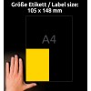 Størrelsessammenligning med hånd, artikkel: 3459, ett ark fargede etiketter, format: 105 x 148 mm, farge: gul.