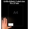 Størrelsessammenligning med hånd, Artikkel: 3474-10, ett ark med etiketter, Hjemmekontor, småpakning, Format: 70 x 37 mm, Farge: Hvit?