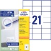 Pakningsbilde med etikettsark: Avery Zweckform universaletiketter, artikkel: 3481, format: 70 x 41 mm, utskriftsmulighet: inkjet, laser s/h, fargelaser, innhold: 2.100 etiketter / 100 ark, 21 etiketter/ark.