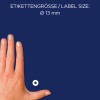 Størrelsessammenligning med hånd, artikkel: 3510, et ark med hullforsterkningsringer, format: ⌀ 13 mm, farge: transparent.