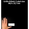 Størrelsessammenligning med hånd, artikkel: 3615, ett ark med dataetiketter, format: 88,9 x 35,7 mm, farge: hvit.