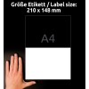 Størrelsessammenligning med hånd, artikkel: 3655, ett ark universale etiketter, format: 210 x 148 mm, farge: hvit.