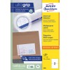 Forpakningsbilde: Avery Zweckform Universal-etiketter, permanent klebende, Artikkel: 3655, Format: 210 x 148 mm, egnet for utskrift: Inkjet, Laser s/hv, Fargelaser, Innhold: 200 etiketter / 100 ark, 2 etiketter/ark.