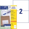 Pakningsbilde med etikettark: Avery Zweckform universalletiketter, artikkel: 3655, format: 210 x 148 mm, utskriftskompatibilitet: Inkjet, laser s/hv, fargelaser, innhold: 200 etiketter / 100 ark, 2 etiketter/ark.