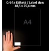 Størrelsessammenligning med hånd, Artikkel: 3657, ett ark universelle etiketter, format: 48,5 x 25,4 mm, farge: hvit.